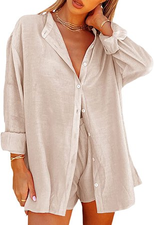 Amazon.com: Women's Summer Casual 2 Piece Set Long Sleeve Button Up Shirt Top + Drawstring Elastic Waist Shorts Beach Suit : Clothing, Shoes & Jewelry