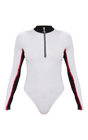 White Sport Zip Front Long Sleeve Thong Bodysuit | PrettyLittleThing