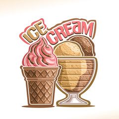 Vector illustration of natural Ice Cream, poster with soft serve neapolitan icecream in takeaway cup, 3 colorful scoop balls of italian gelato in cardboard container, original font for words ice cream Stock Vector | Adobe Stock