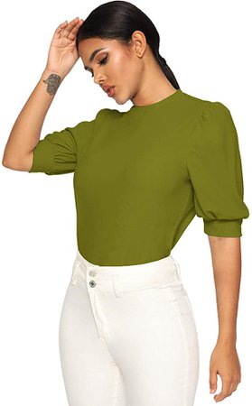 SheIn Women's Puff Sleeve Casual Solid Top Pullover Keyhole Back Blouse White Medium at Amazon Women’s Clothing store