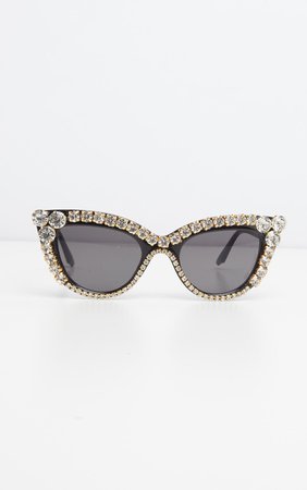 Black Pointy Cat Eye Statement Gemstone Border Sunglasses | PrettyLittleThing USA
