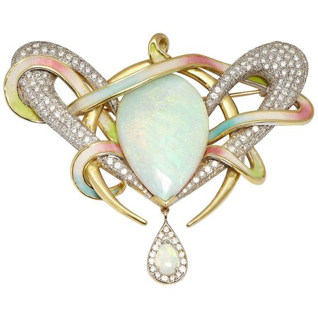 Opal Diamond Enamel Brooch For Sale at 1stdibs
