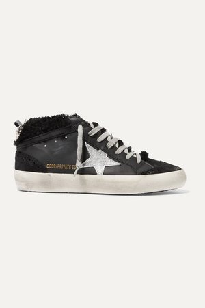 Golden Goose | Mid Star shearling-lined distressed leather and suede sneakers | NET-A-PORTER.COM