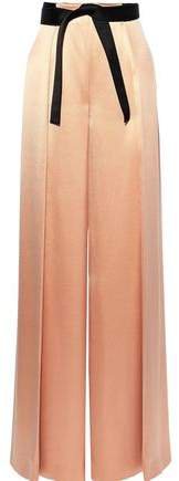 Belted Pleated Silk-satin Wide-leg Pants