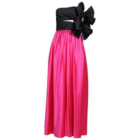 1979 Lanvin Haute Couture Pink and Black Satin Strapless Evening Gown No. 90724 For Sale at 1stdibs