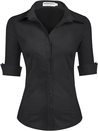 HOTOUCH Womens Cotton Button Down Fitted Button Up Server Uniform Shirt A - Black (Slim Fit, a Size Up for Relaxed Fit), Small, 3/4 Sleeve at Amazon Women’s Clothing store
