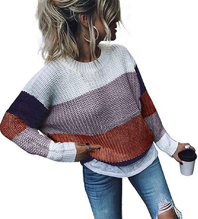 ZESICA Women's Long Sleeve Crew Neck Striped Color Block Casual Loose Knitted Pullover Sweater Tops Purple at Amazon Women’s Clothing store