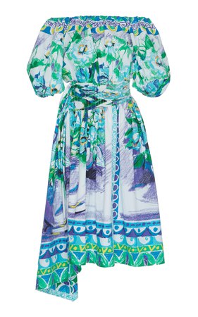 Flower Pot Print Cotton-Poplin Off-Shoulder Dress by Prada | Moda Operandi