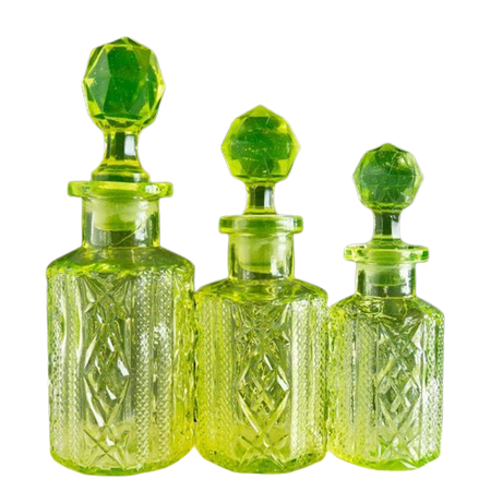 Three uranium glass perfume bottles, art deco green depression glass bottle set, antique Vaseline vanity set, Verrerie de Scailmont Belgium