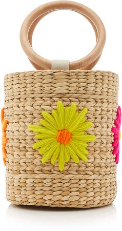 Bobbi Floral-Embroidered Straw Bucket Bag