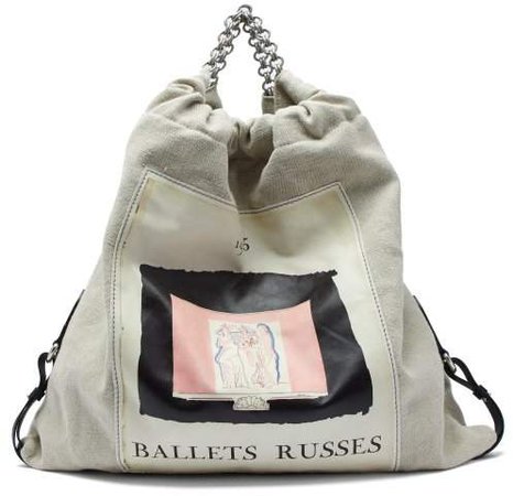 Ballet Print Gathered Linen Canvas Bag - Womens - Cream Multi