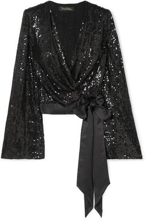 Marla Satin-trimmed Sequined Silk-chiffon Wrap Top - Black