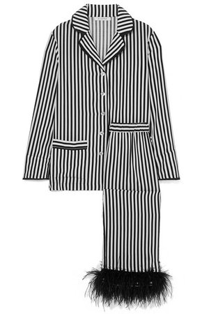 Sleeper | I'm Only Having One Drink feather-trimmed striped crepe de chine pajama set | NET-A-PORTER.COM
