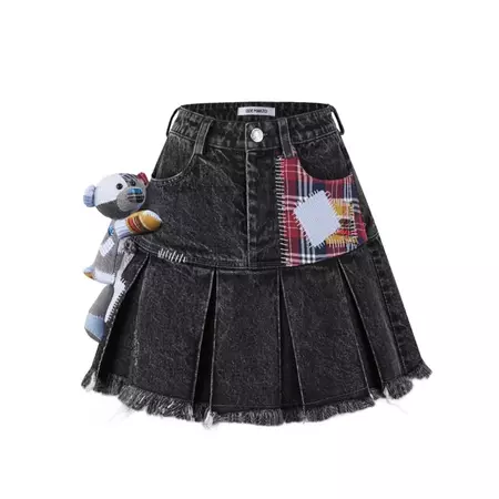 13DE MARZO Bear Patch Suture Denim Skirt Washed Black – Fixxshop