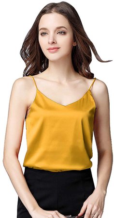 Basic 3 Pack Women's Silk Tank Top Ladies V-Neck Camisole Silky Loose Sleeveless Blouse Tank Shirt with Soft Satin(3-Pack:DarkGreen+red+Yellow, L) at Amazon Women’s Clothing store