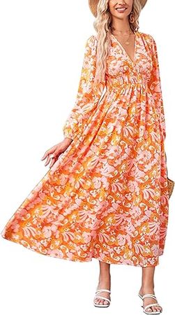 VAFADRESS Women's Floral Print Boho Dress Long Sleeve V Neck A-Line Beach Smocked Flowy Maxi Dresses at Amazon Women’s Clothing store