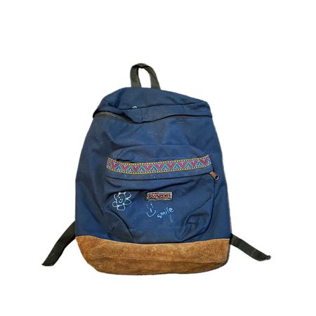 Vintage JanSport Backpack Leather Suede Bottom Aztec Tribal Design Navy Blue 90s | eBay