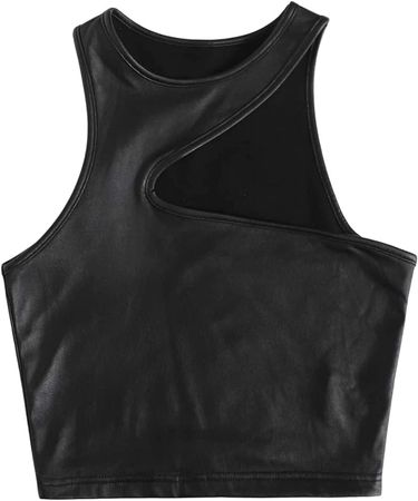 SheIn Women's PU Leather Cut Out Round Neck Sleeveless Asymmetrical Tank Crop Top at Amazon Women’s Clothing store