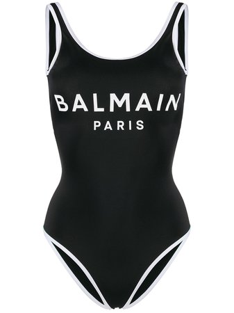 Balmain Printed Logo Swimsuit BPBU00200 Black | Farfetch
