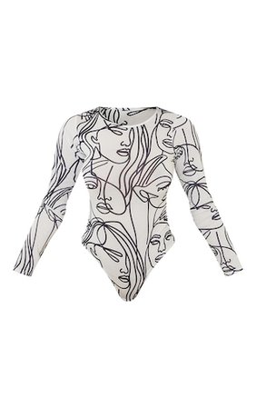 White Abstract Face Crew Neck Long Sleeve Bodysuit