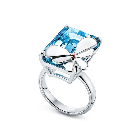 Return to Tiffany® Love Bugs blue topaz butterfly ring in silver and rose gold. | Tiffany & Co.