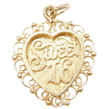 14k Gold Ornate Filigree Sweet 16 Heart Charm : Arnold Jewelers | Ruby Lane