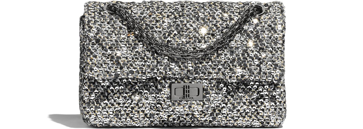 Bolsa 2.55 Pequena, tweed, lantejoulas & rutênio, prata, preto & dourado - CHANEL