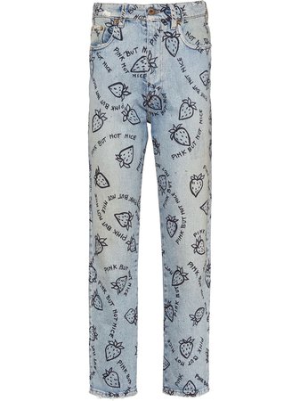 Shop blue Miu Miu strawberry print cropped jeans with Express Delivery - Farfetch