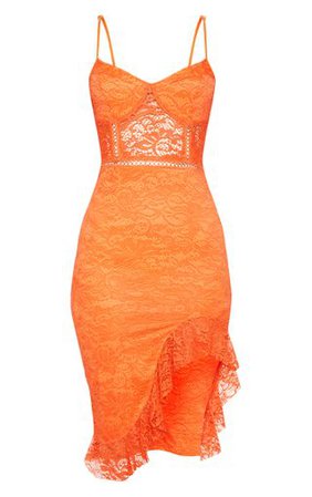 Orange Strappy Lace Frill Hem Midi Dress | PrettyLittleThing