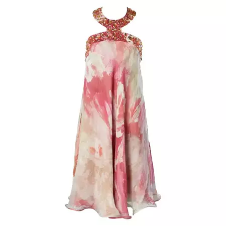 Backless cocktail dress in printed chiffon and rhinestone neckless Jiki For Sale at 1stDibs