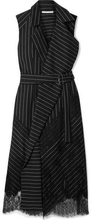 Collection - Lace-paneled Pinstriped Wool-blend Wrap Dress - Black