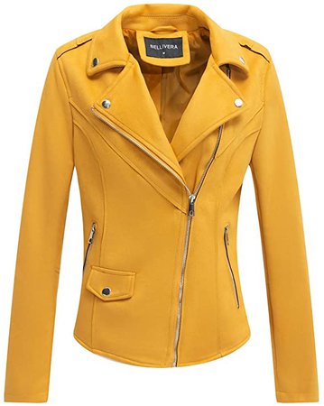 Amazon.com: Bellivera Faux Suede Leather Jackets for Women, Moto Biker Short Coat with 2 Pockets Yellow Large: Clothing