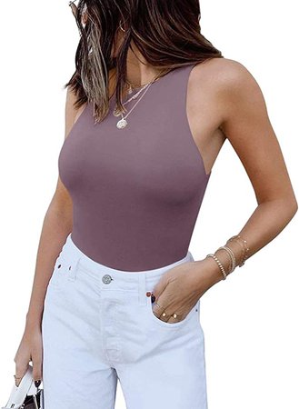 Womens Sexy Sleeveless Halter Neck Racer Back Leotard High Waist Thong Bodysuits Tank Tops Grey Purple Medium at Amazon Women’s Clothing store