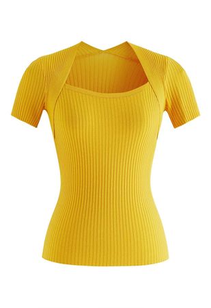 Square Neckline Ribbed Knit Top in Yellow - Retro, Indie and Unique Fashion