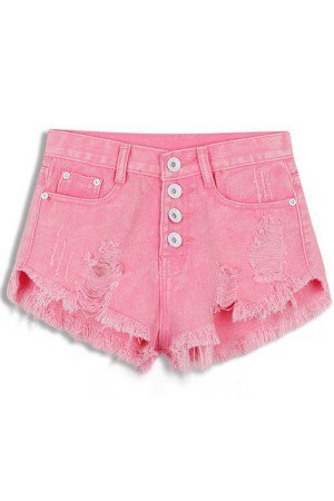 Pink Distressed Raw Hem Low Waist Denim Shorts