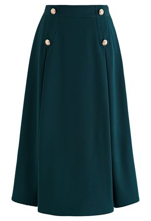 Buttoned Pleated A-Line Skirt in Dark Green - Retro, Indie and Unique Fashion