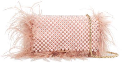 Mimi Feather-trimmed Beaded Satin Shoulder Bag - Pink