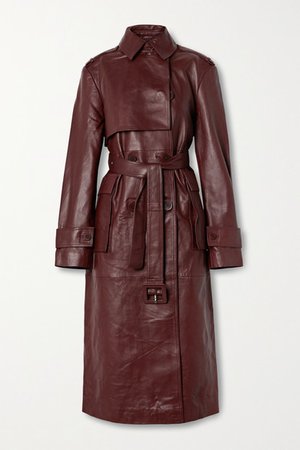 Pirello Double-breasted Belted Leather Trench Coat - Burgundy