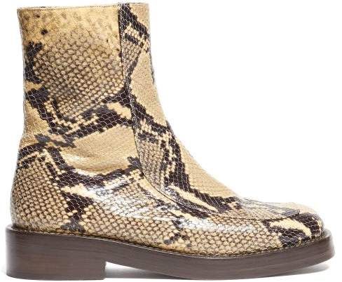 Python Print Square Toe Leather Ankle Boots - Womens - Black Beige