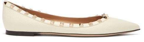 Rockstud Grained Leather Flats - Womens - White