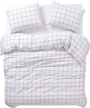 Amazon.com: Wake In Cloud - White Grid Duvet Cover Set, 100% Washed Cotton Bedding, White with Black Grid Geometric Preppy Pattern Printed, with Zipper Closure (3pcs, Queen Size) : Home & Kitchen