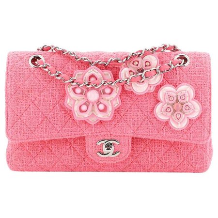 Chanel Flower Applique Classic Double Flap Bag Quilted Tweed Medium For Sale at 1stdibs