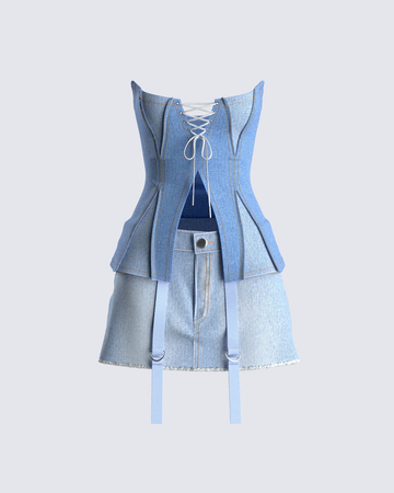 light blue denim top and skirt