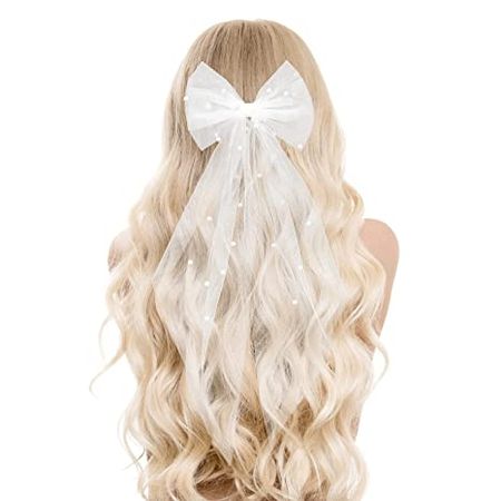 Amazon.com : Bridal Pearl Hair Bow Veil Bridesmaid Large Hair Bow Wedding Veil with Barrette Bachelorette Party Decorations Bridal Bridesmaid Gift (White) : Beauty & Personal Care