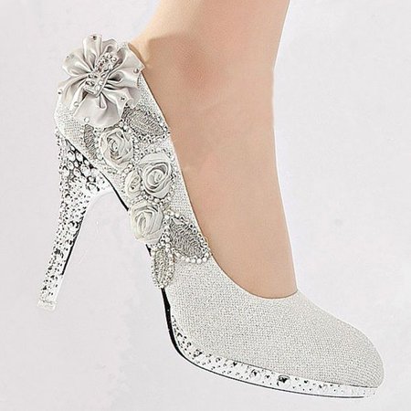 Women Glitter Crystal Flower Wedding Bridal Evening Party High Heel Court Shoes silver shoes