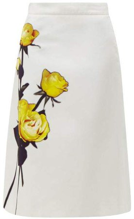Rose Print Cotton Poplin Midi Skirt - Womens - White Print