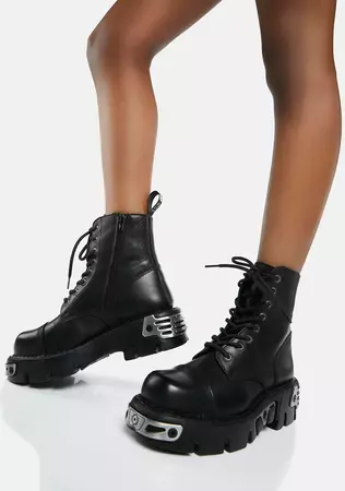 New Rock Metal Detail Leather Combat Boots - Black – Dolls Kill