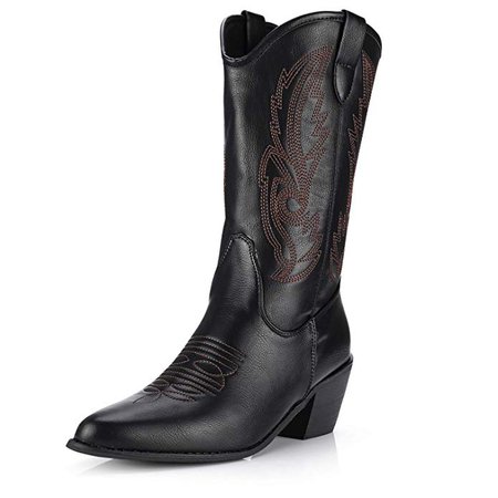 Amazon.com | J.Minever Women's Western Cowboy Boots Mid Calf Pointed Toe Black US Size 6.5 | Mid-Calf