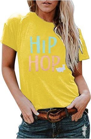 Hip Hop Shirts for Women with Cute Bunny Print Graphic Tee Tops Easter Short Sleeve Crewneck Casual Loose Blouse Tops at Amazon Women’s Clothing store