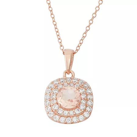Peach Quartz Doublet & Cubic Zirconia 18k Rose Gold Over Silver Halo Pendant Necklace